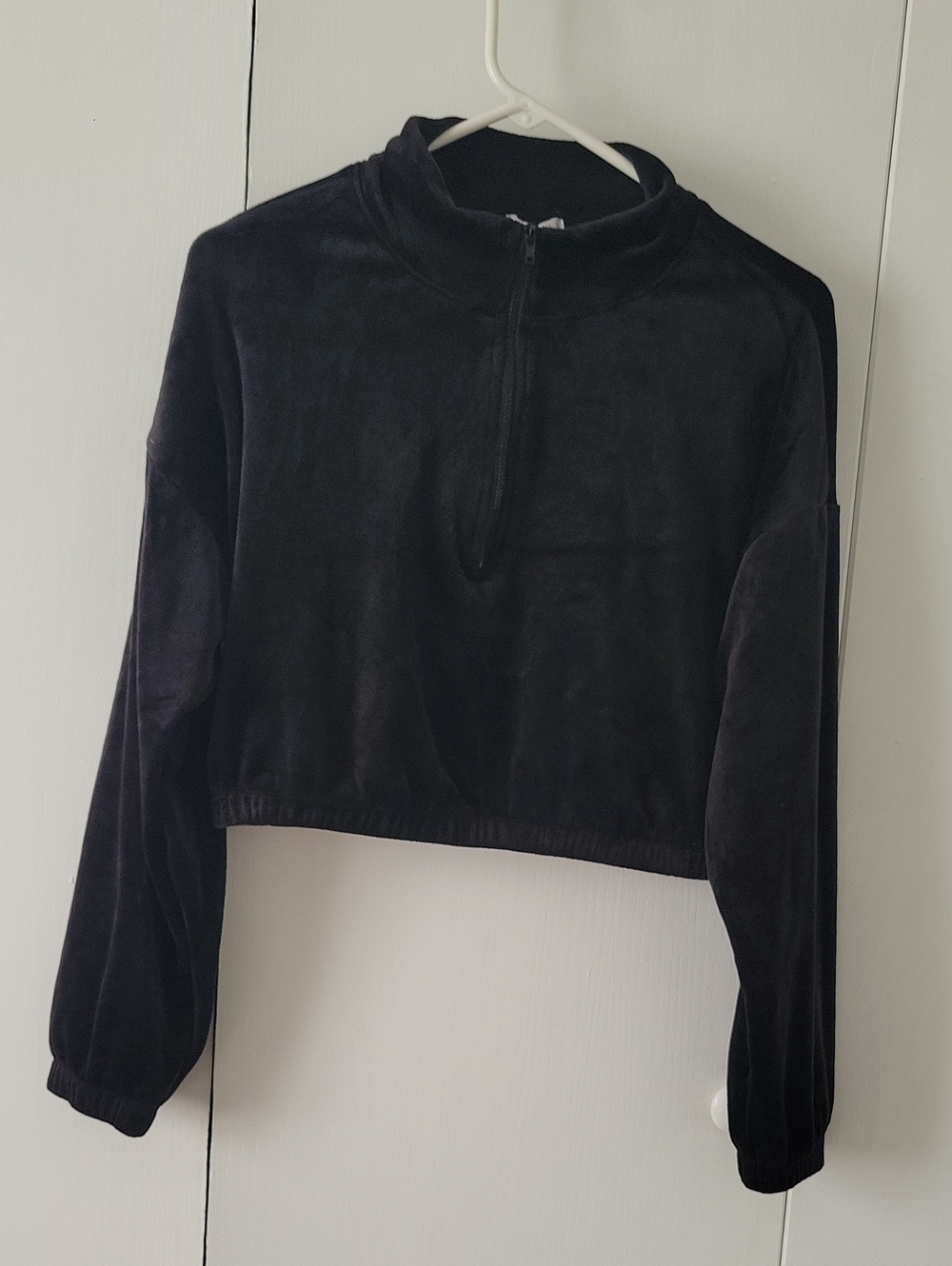 Cropped Velvet  Black Velour Quarter-Zip Top - Women